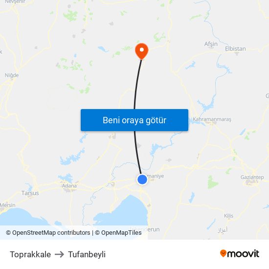 Toprakkale to Tufanbeyli map
