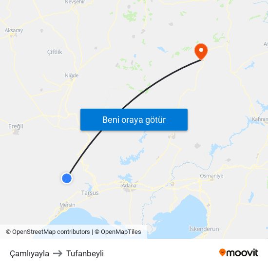 Çamlıyayla to Tufanbeyli map