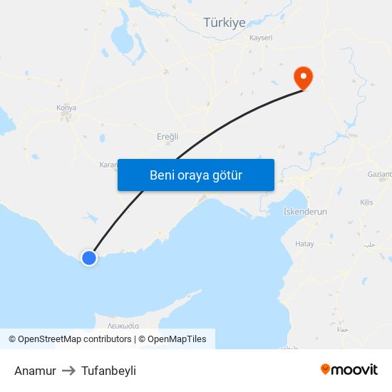 Anamur to Tufanbeyli map