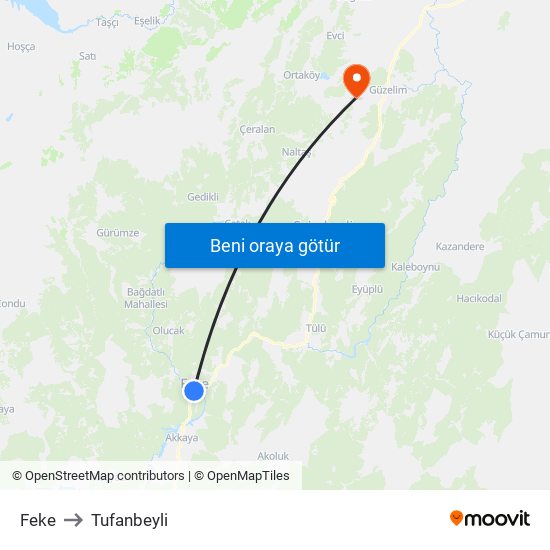 Feke to Tufanbeyli map