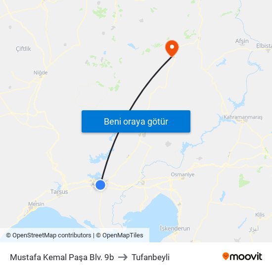 Mustafa Kemal Paşa Blv. 9b to Tufanbeyli map