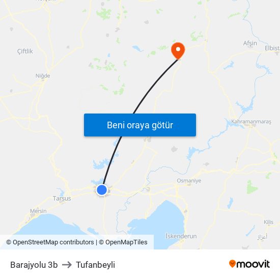 Barajyolu 3b to Tufanbeyli map
