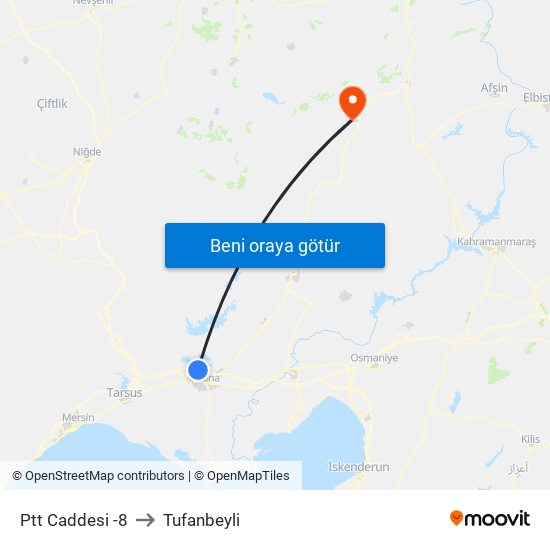 Ptt Caddesi -8 to Tufanbeyli map
