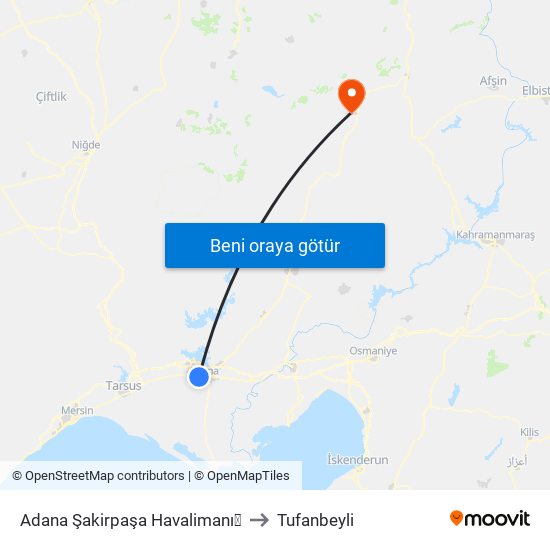 Adana Şakirpaşa Havalimanı✈ to Tufanbeyli map