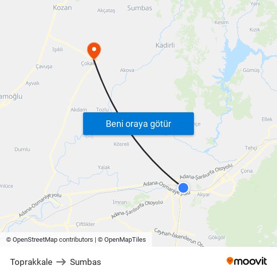 Toprakkale to Sumbas map