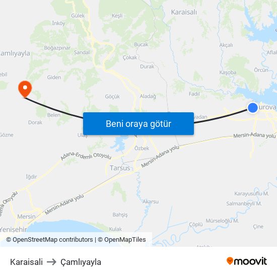 Karaisali to Çamlıyayla map