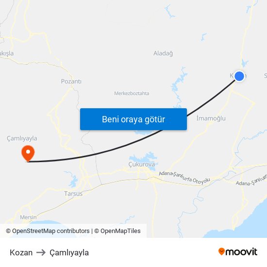 Kozan to Çamlıyayla map