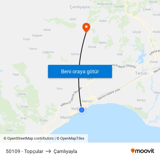 50109 - Topçular to Çamlıyayla map