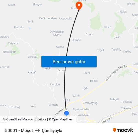 50001 - Meşot to Çamlıyayla map