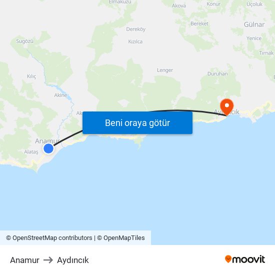 Anamur to Aydıncık map