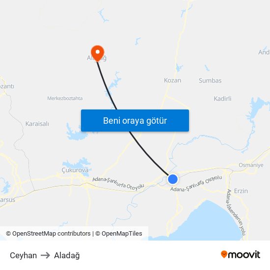 Ceyhan to Aladağ map