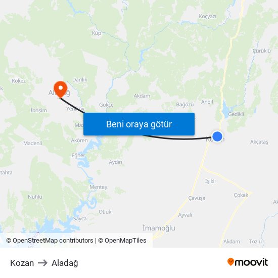 Kozan to Aladağ map