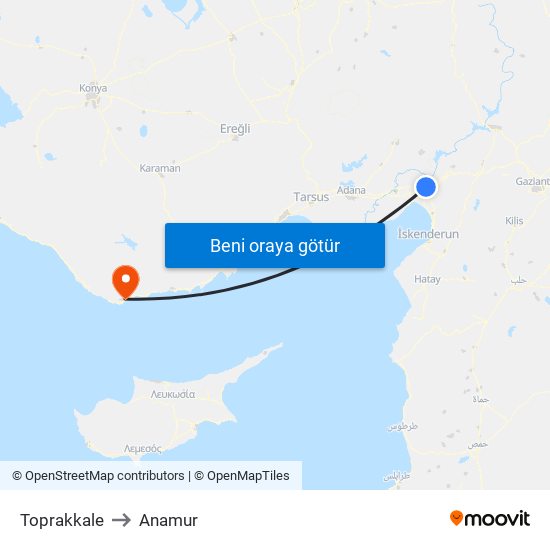 Toprakkale to Anamur map