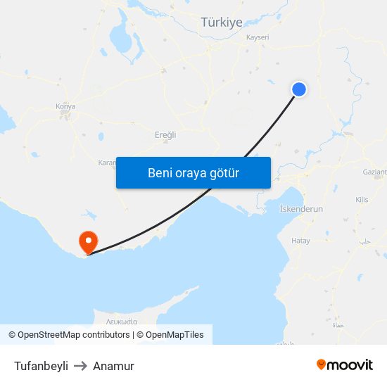 Tufanbeyli to Anamur map