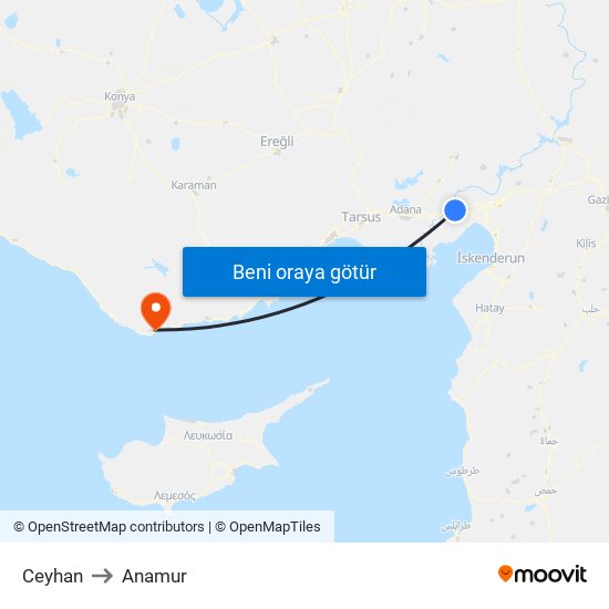 Ceyhan to Anamur map