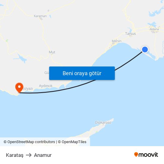 Karataş to Anamur map
