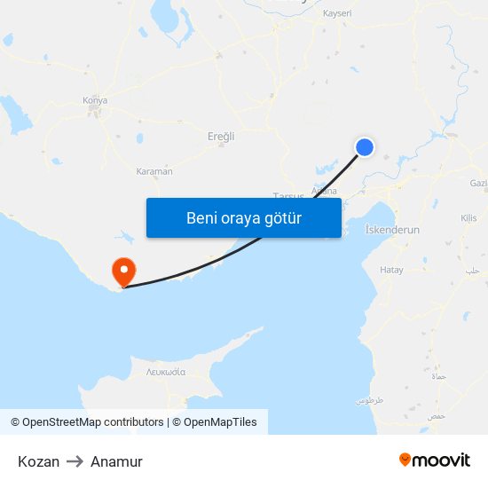 Kozan to Anamur map