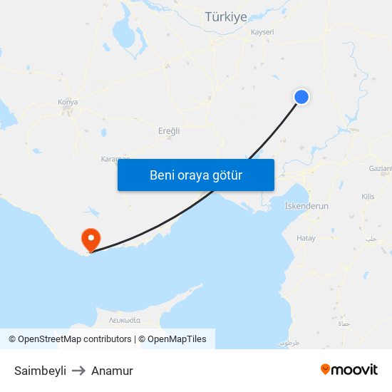 Saimbeyli to Anamur map