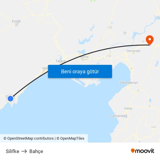 Silifke to Bahçe map