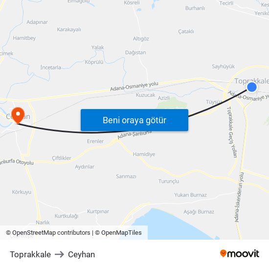 Toprakkale to Ceyhan map