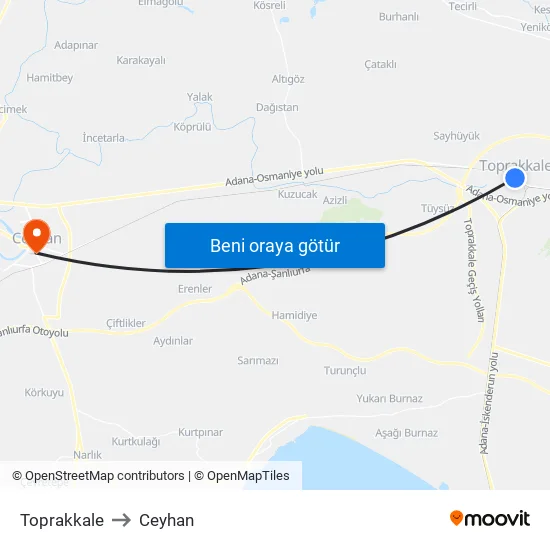 Toprakkale to Ceyhan map