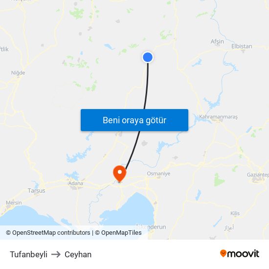 Tufanbeyli to Ceyhan map