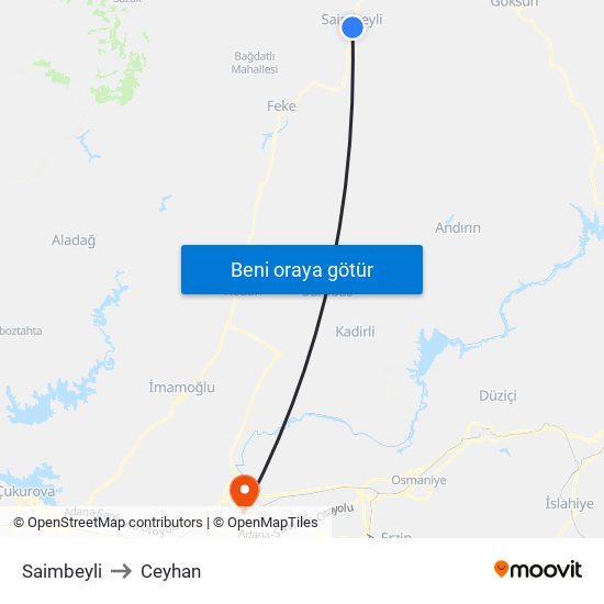 Saimbeyli to Ceyhan map
