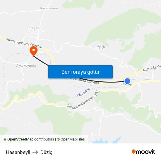Hasanbeyli to Düziçi map