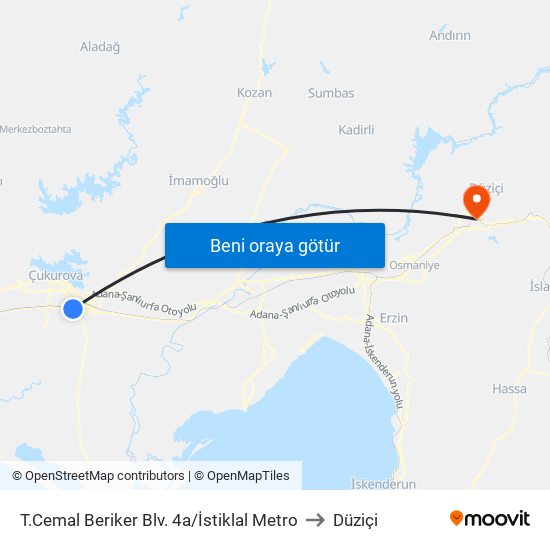 T.Cemal Beriker Blv. 4a/İstiklal Metro to Düziçi map