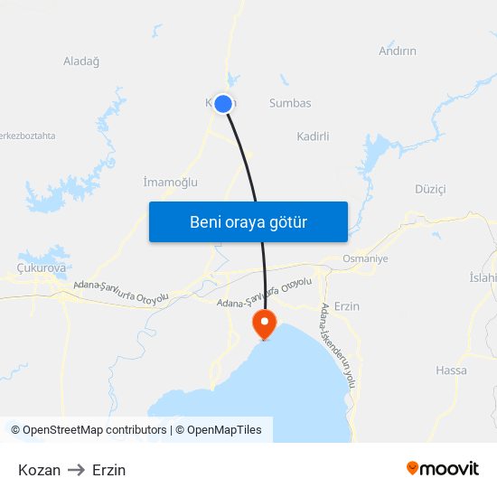 Kozan to Erzin map