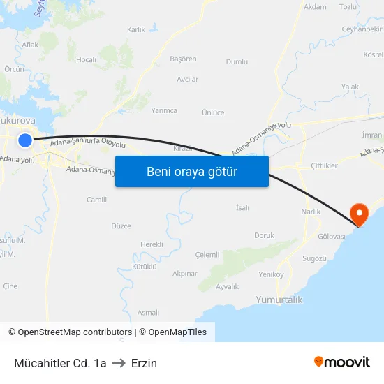 Mücahitler Cd. 1a to Erzin map