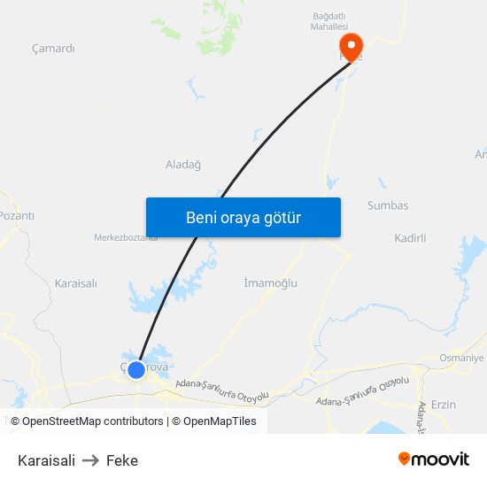 Karaisali to Feke map