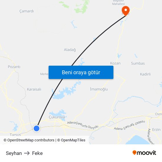 Seyhan to Feke map
