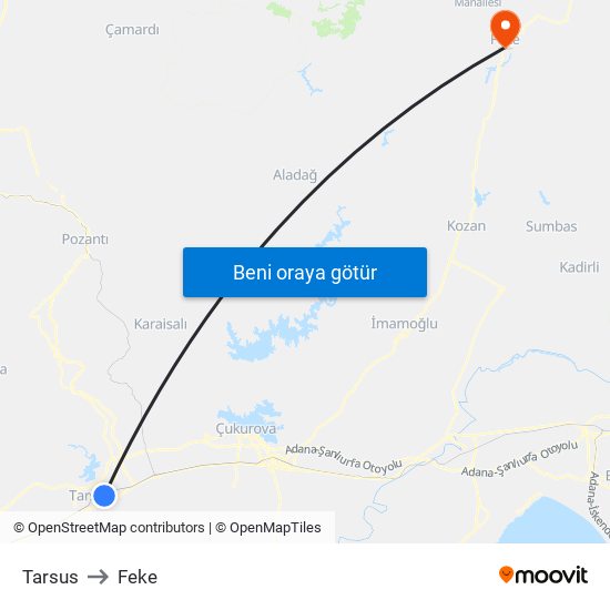 Tarsus to Feke map