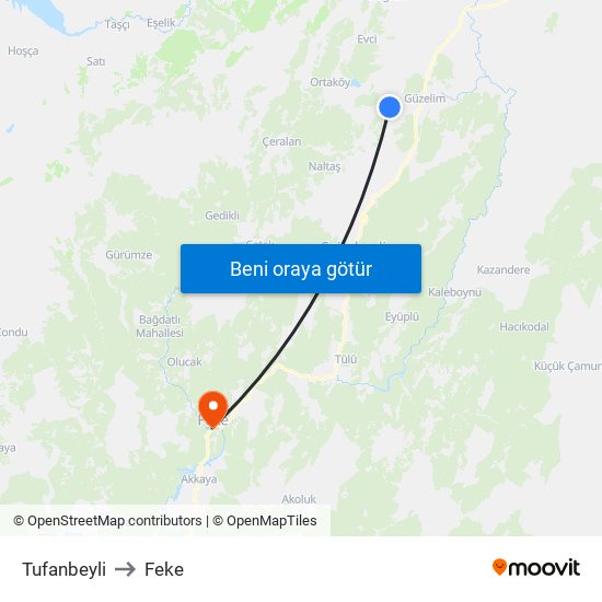 Tufanbeyli to Feke map