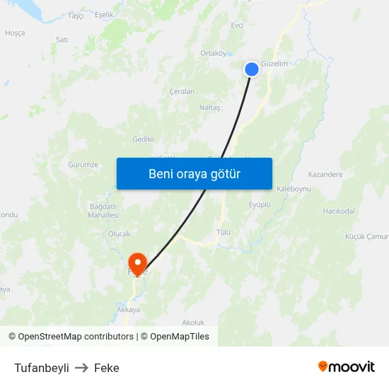 Tufanbeyli to Feke map