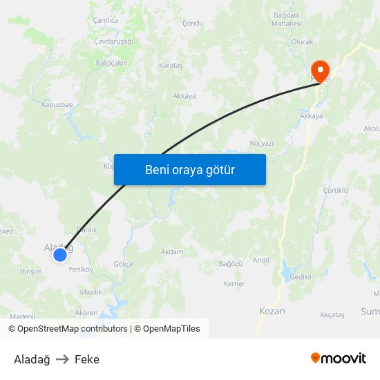 Aladağ to Feke map