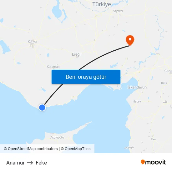 Anamur to Feke map