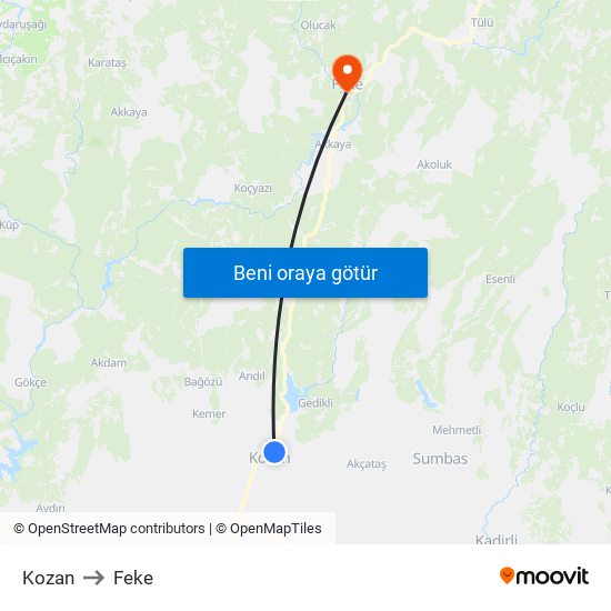 Kozan to Feke map