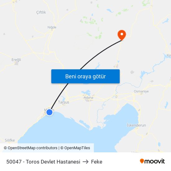 50047 - Toros Devlet Hastanesi to Feke map