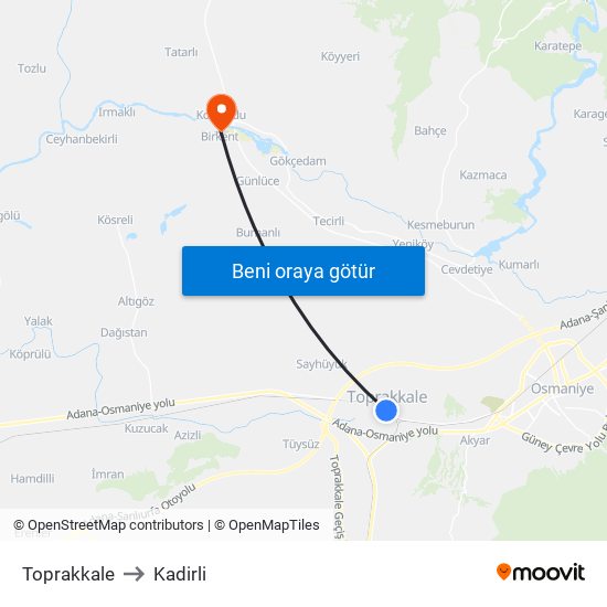Toprakkale to Kadirli map