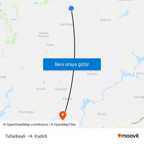 Tufanbeyli to Kadirli map