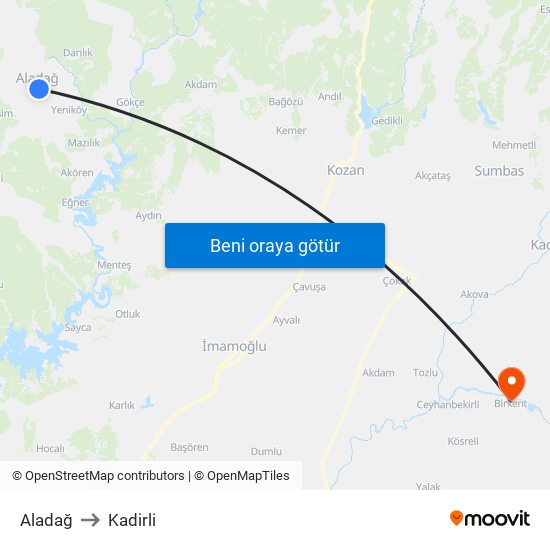 Aladağ to Kadirli map