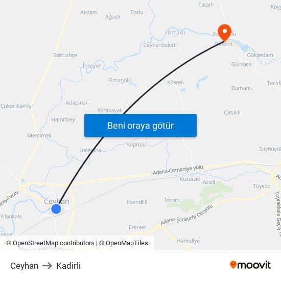 Ceyhan to Kadirli map