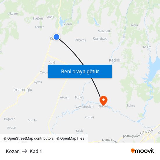 Kozan to Kadirli map