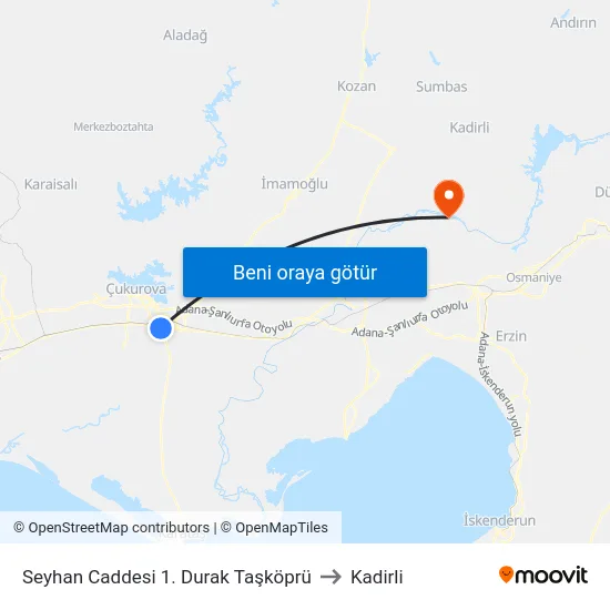 Seyhan Caddesi 1. Durak Taşköprü to Kadirli map