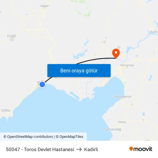 50047 - Toros Devlet Hastanesi to Kadirli map