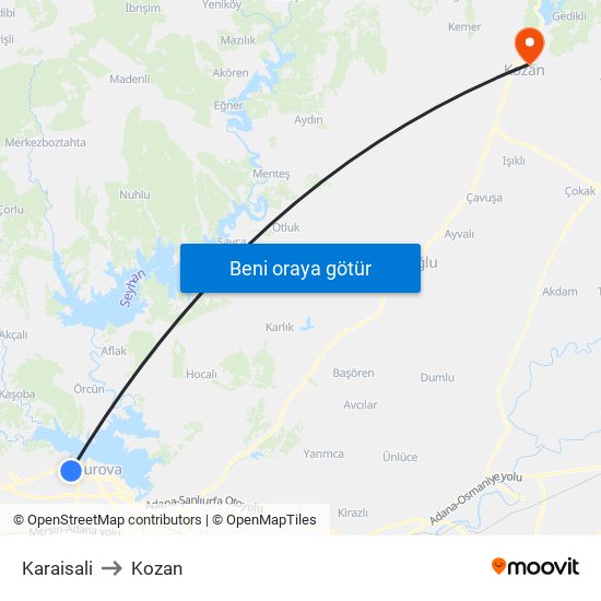 Karaisali to Kozan map