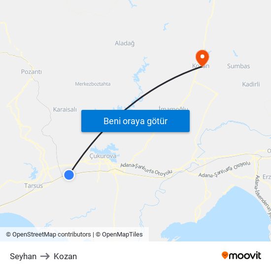 Seyhan to Kozan map