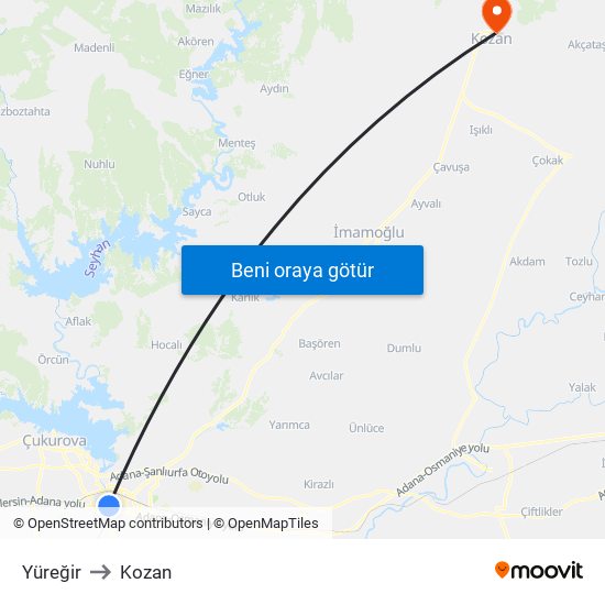Yüreğir to Kozan map